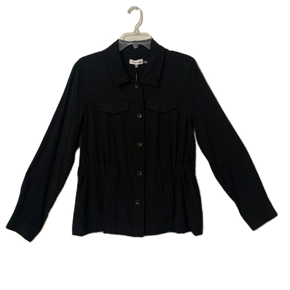 Calvin Klein Jacket Women Medium Black Button Closure Elastic Waist Comfy NWT